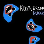 Siyah arka plan üzerinde büyük, sivri dişleri ve beyaz gözleri olan mavi yaratık yüzleri ile Killer Escape Huggy yazısı