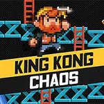Pixelli bir adam, mavi platformlar ve merdivenler üzerinde, bir muz ile çevrili bir şekilde, King Kong Chaos yazısının önünde hareket ediyor