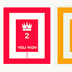 Kırmızı ve turuncu renkli iki karttan oluşan bir görselde, solda You Won yazısı ve taç simgesi, sağda Play Again butonu ve sıfır sayısı yer alıyor