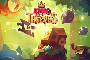 Maskeli bir karakter, altınla dolu bir sandığın yanında zıplarken çevrede dikenli tuzaklar ve King of Thieves yazısı görülüyor