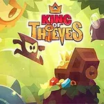 Maskeli bir karakter, altınla dolu bir sandığın yanında zıplarken çevrede dikenli tuzaklar ve King of Thieves yazısı görülüyor