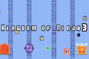 Mavi arka plan üzerinde Kingdom of Ninja 3 yazısı, turuncu bir kapı, çeşitli renkli şekiller ve Level Up yazılı bir işaret