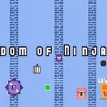 Mavi arka plan üzerinde Kingdom of Ninja 3 yazısı, turuncu bir kapı, çeşitli renkli şekiller ve Level Up yazılı bir işaret