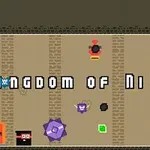 Retro tarzdaki pikselli bir ekranda çeşitli karakterler, bir kapı ve Kingdom of Ninja 4 yazısı