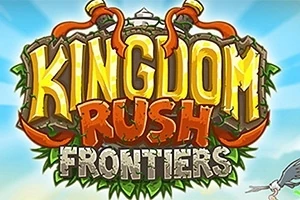 Kingdom Rush Frontiers Kingdom Rush Frontiers yazılı renkli ve süslü bir logo, gökyüzü arka planı üzerinde