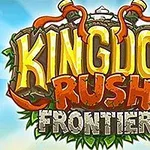 Kingdom Rush Frontiers Kingdom Rush Frontiers yazılı renkli ve süslü bir logo, gökyüzü arka planı üzerinde