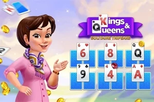 Kadın karakter çizimi, iskambil kartları ve Kings & Queens Solitaire Tripeaks logosu