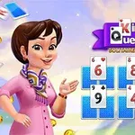 Kadın karakter çizimi, iskambil kartları ve Kings & Queens Solitaire Tripeaks logosu