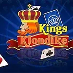 Kırmızı kraliyet tacı ve oyun kartları arka planında Kings Klondike yazısı