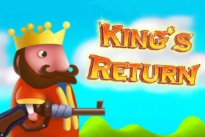 Sarı taçlı ve tüfek tutan bir kral, mavi gökyüzü ile yeşil tepelerin önünde yanında Kings Return yazısı