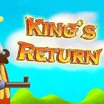 Sarı taçlı ve tüfek tutan bir kral, mavi gökyüzü ile yeşil tepelerin önünde yanında Kings Return yazısı
