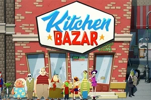 Tuğla bir bina önünde Kitchen Bazar tabelası ve önünde çeşitli karakterler