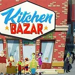 Tuğla bir bina önünde Kitchen Bazar tabelası ve önünde çeşitli karakterler