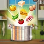 Bir mutfakta, büyük bir tencereden çıkan domates, peynir, biber, bezelye, küp et, patates ve pastırma gibi renkli malzemeler