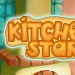 Mutfak temalı bir arka plan üzerinde büyük, leziz görünümlü harflerle Kitchen Star yazısı