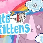 Uçan bir uçurtmanın üzerine oturmuş sevimli bir kedi, gökkuşağı ve bulutlar eşliğinde pembe bir arka plan üzerinde tasvir edilmiştir