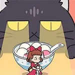Büyük siyah bir kedi, bir kase tatlıdan yumağı ve yanında oturan küçük kız çocuğunu izliyor