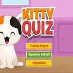 Mor ve pembe tonlarda bir mutfak arka planında oturan sevimli bir kedi resmi, yanında ise Kitty Quiz metni ve üç buton bulunuyor