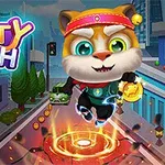 Çizgi film tarzında, madeni para tutan kedi karakteri şehir sokağında zıplarken, renkli ve neşeli bir ortam