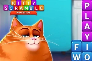 Turuncu bir kedinin yanındaki renkli harf blokları ve KITTY SCRAMBLE logosu