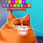 Turuncu bir kedinin yanındaki renkli harf blokları ve KITTY SCRAMBLE logosu