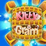 Renkli Kitty Gram yazısı ve etrafında parlayan yıldızlarla süslenmiş, küp şeklindeki unsurların olduğu mavi bir arka plan
