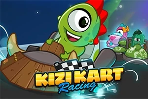 Yeşil, sevimli bir yaratık, ahşap bir go-kart içinde yarışırken enerjik bir atmosfer