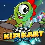 Yeşil, sevimli bir yaratık, ahşap bir go-kart içinde yarışırken enerjik bir atmosfer