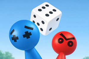 Mavi ve kırmızı başlı iki çöp adam figürünün üzerinde havada duran beyaz altı yüzlü zar