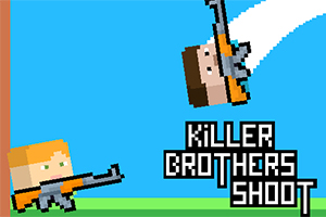 Piksel grafik tarzında iki karakter silah tutarken, gökyüzünde Killer Brothers Shoot yazılı bir arka plan