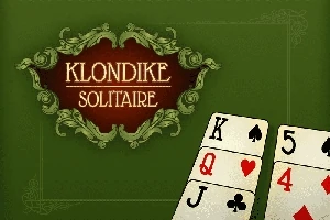 Yeşil bir arka plan üzerinde KLONDIKE SOLITAIRE yazısı ve sağda iskambil kartları yer alıyor