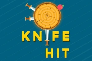 Mavi bir arka plan üzerinde, içine bıçaklar saplanmış yuvarlak bir odun parçası ve üstünde bir elma bulunan KNIFE HIT yazısı