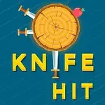 Mavi bir arka plan üzerinde, içine bıçaklar saplanmış yuvarlak bir odun parçası ve üstünde bir elma bulunan KNIFE HIT yazısı