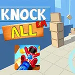 Bir platform üzerinde kutuların arkasında kırmızı robotlar ve mavi bir top atan bir karakter