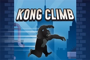 KONG CLIMB yazısının altında siyah bir goril, mavi tonlu şehir manzarasında tırmanma hareketi yaparken görülüyor