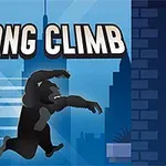 KONG CLIMB yazısının altında siyah bir goril, mavi tonlu şehir manzarasında tırmanma hareketi yaparken görülüyor