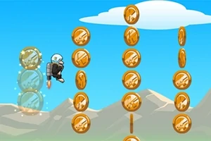 Jetpack giymiş bir çizgi karakterin dağların üzerinde uçarken altın renkli madeni paraları topladığı bir sahne