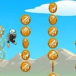 Jetpack giymiş bir çizgi karakterin dağların üzerinde uçarken altın renkli madeni paraları topladığı bir sahne