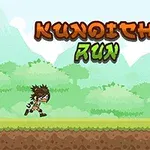 Yeşillik ve dağlarla çevrili bir arka planda, platform üzerinde koşan karakterin yanında yukarıdaki Kunoichi Run yazısı