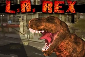 T-Rex, kentsel bir alanda patlayan bir ağızla vahşi şekilde kükreyerek ön planda duruyor