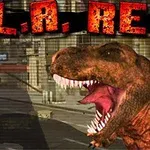 T-Rex, kentsel bir alanda patlayan bir ağızla vahşi şekilde kükreyerek ön planda duruyor