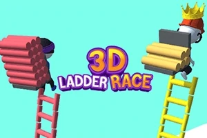 İki figür, farklı renklerde merdivenler ve bloklarla karşı karşıya; biri taç takıyor, ortada 3D Ladder Race logosu