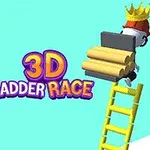 İki figür, farklı renklerde merdivenler ve bloklarla karşı karşıya; biri taç takıyor, ortada 3D Ladder Race logosu