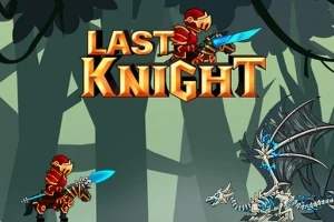 Kırmızı zırhlı bir şövalye, elinde mavi bir kılıç tutarak beyaz kemik yapılı bir ejderhayla karşı karşıya duruyor, arka planda gölgeli orman yer alıyor ve üstte Last Knight yazısı bulunuyor