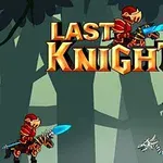 Kırmızı zırhlı bir şövalye, elinde mavi bir kılıç tutarak beyaz kemik yapılı bir ejderhayla karşı karşıya duruyor, arka planda gölgeli orman yer alıyor ve üstte Last Knight yazısı bulunuyor