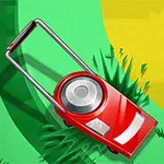 Kırmızı bir çim biçme makinesi yeşil çimenlerin üzerinde duruyor