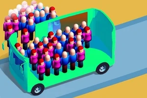 Yeşil bir otobüsün içinde ve dışında bulunan renkli kıyafetli insan figürleri