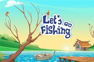 Gölde bir kayık, iskele ve kır evinin yer aldığı bir manzarada, çıplak dallı ağaçlar ve Lets Go Fishing yazısı