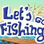 Gölde bir kayık, iskele ve kır evinin yer aldığı bir manzarada, çıplak dallı ağaçlar ve Lets Go Fishing yazısı