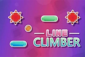 Mor ve kırmızı bir arka plan üzerinde, turuncu, kırmızı ve yeşil yuvarlak şekiller ile Line Climber yazısı